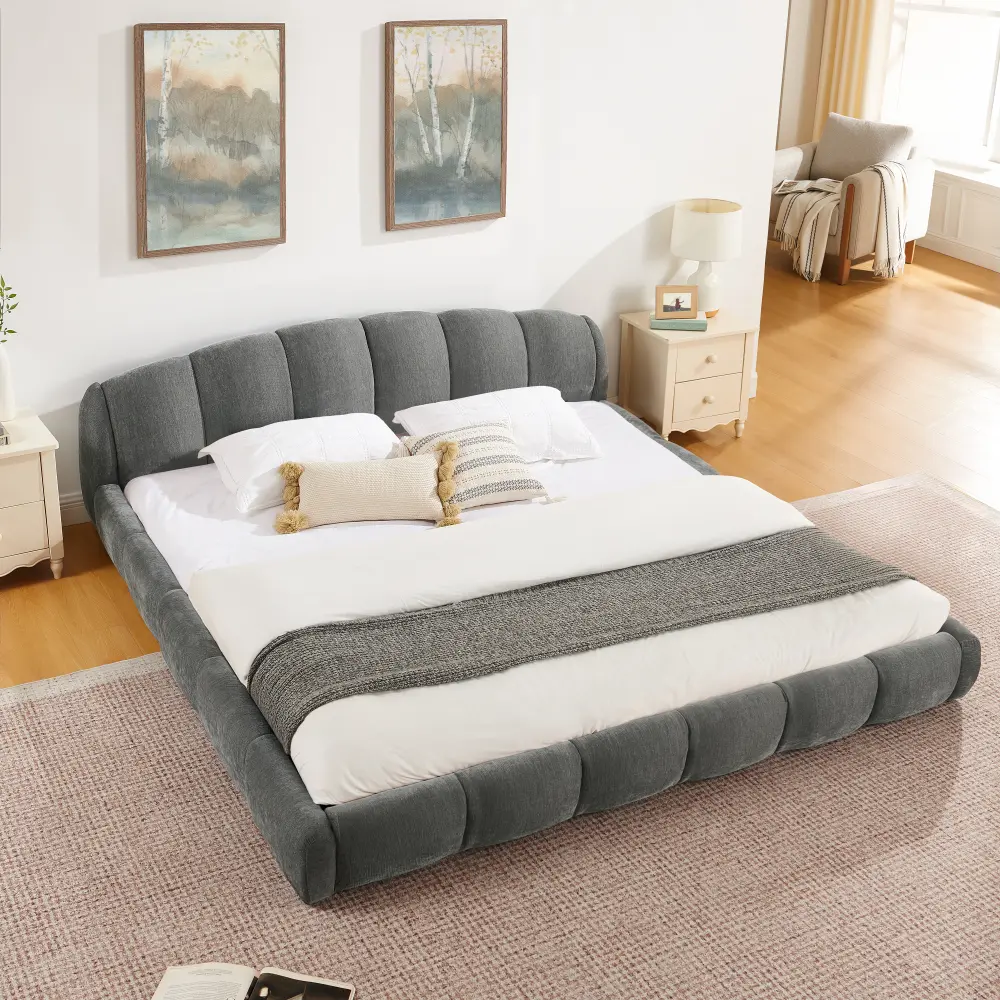 King Size Elegant Chenille Upholstered Platform Bed Frame, Thick Curved Headboard & Wrapped Footboard, Low Profile Floor Bed, No Box Spring Required, Easy Assembly (83.86''×92.7''×26.8'')