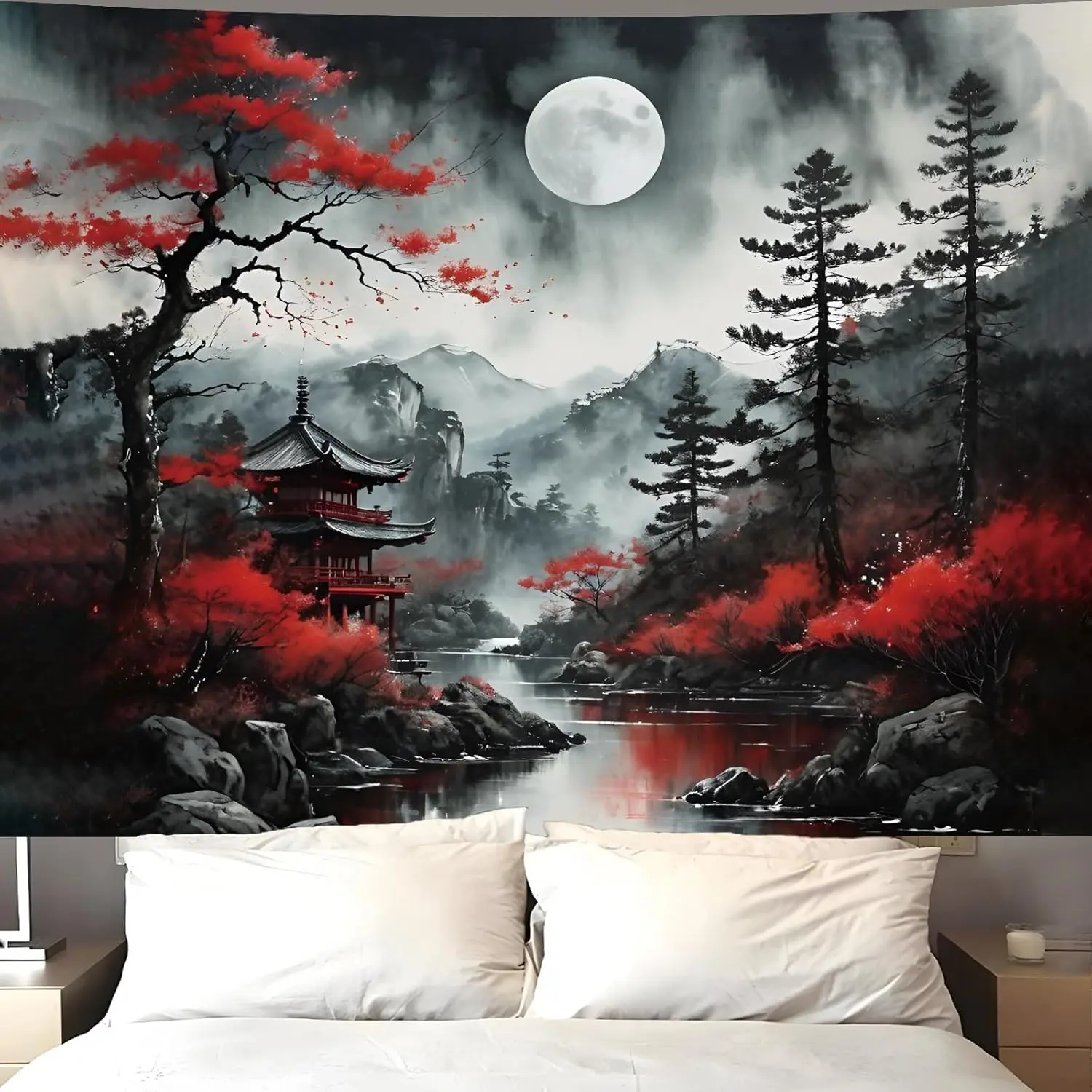Atrippy Anime Japanese Wall Tapestry for Bedroom Aesthetic, Black Forest Moon Tapestry Wall Hanging, Vintage Nature Mountain Art Decor Tapestries Dark Landscape Backdrop for Living Room Home & Kitchen