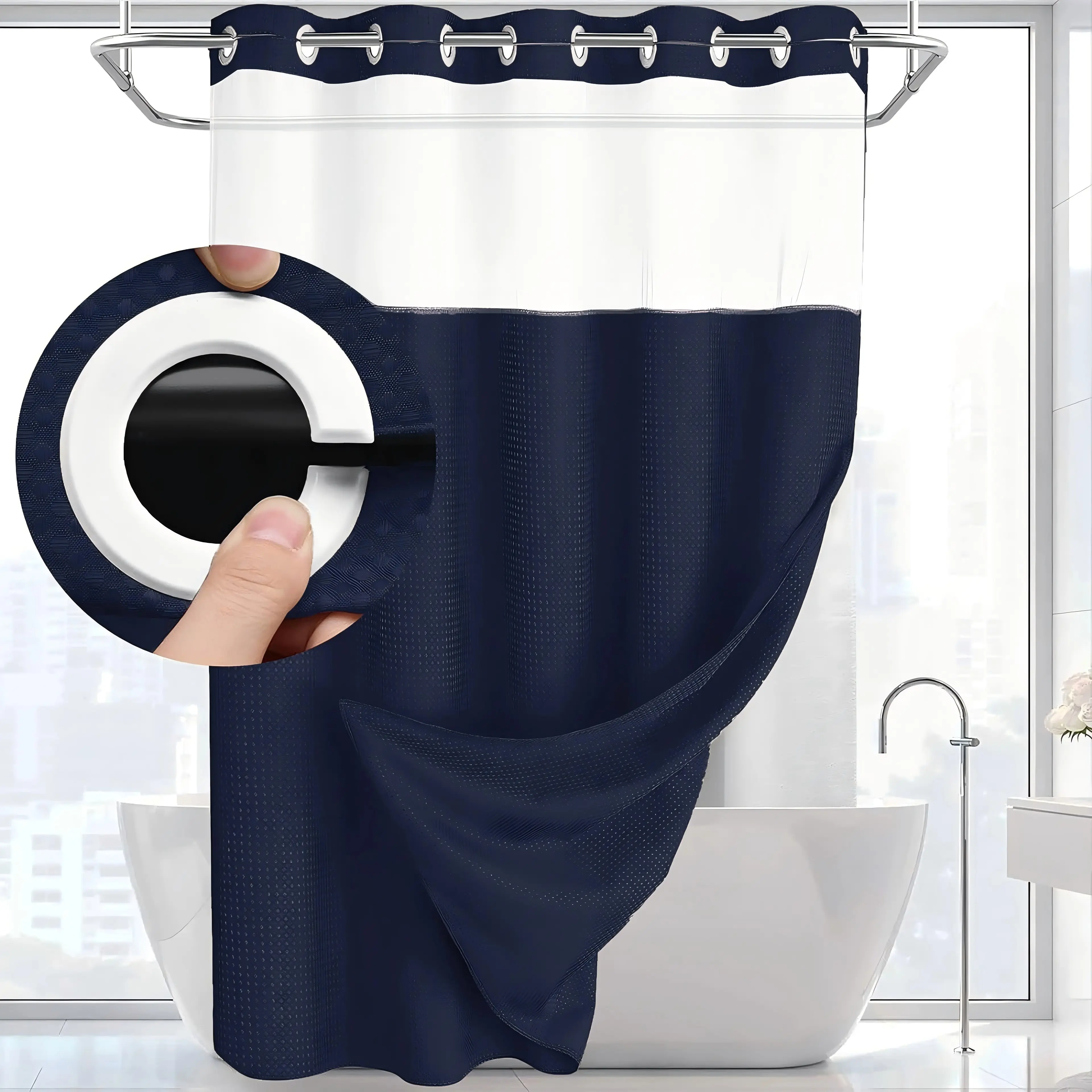 Gray hookless shower curtain with snap-on inner – Gray waffle double layer shower curtain with waterproof fabric and white fabric liner, washable, size 71x74 inches Bathroom