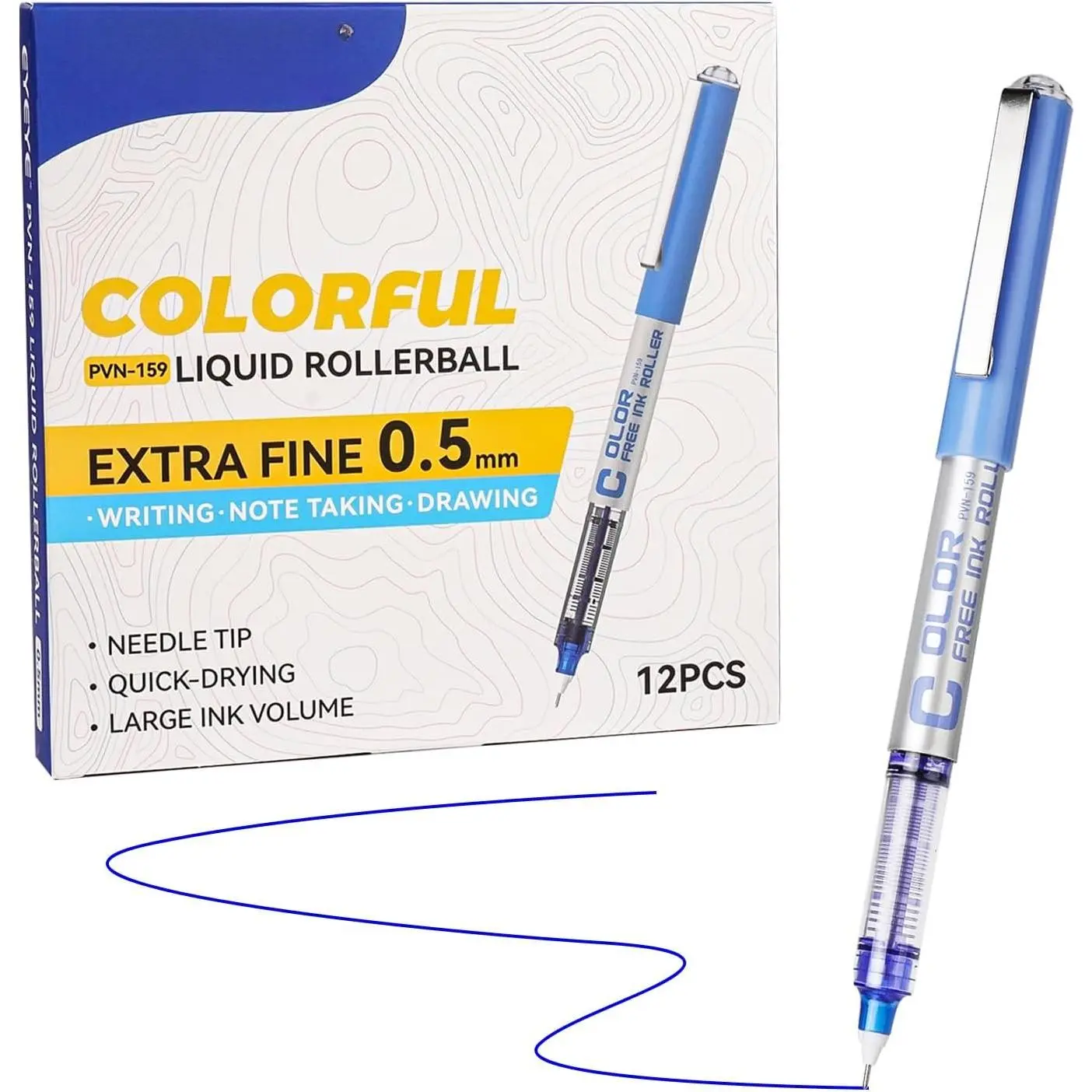 0.5mm Blue Pens  Tip, 12 Pack Rollerball Pen Extra Fine Point Quick Dry, Blue Liquid Ink Pens Fine Point Smooth Writing Pen for Journaling, Note Taking, Office, School Supplies