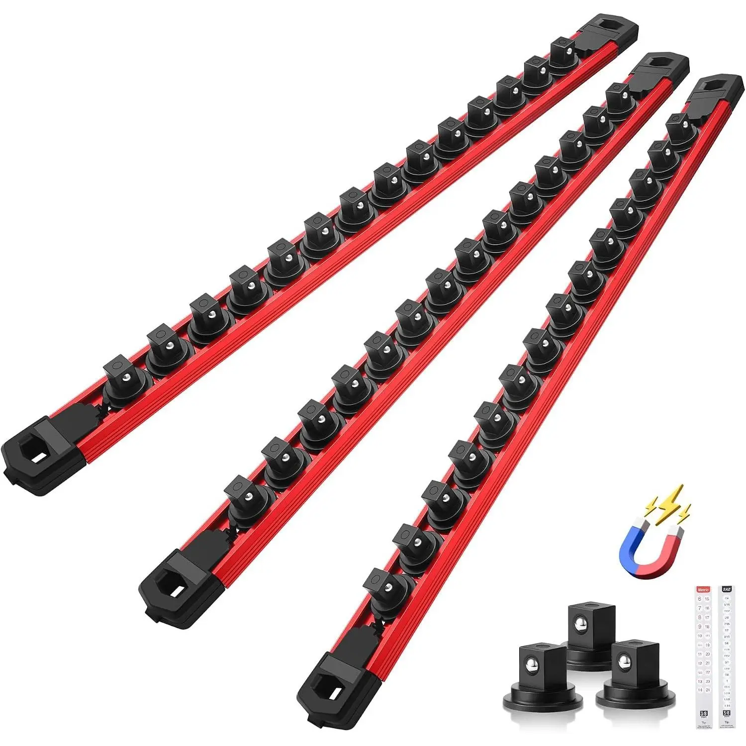 Magnetic Socket Organizer Set for Tools, 3PC 3/8-Inch Drive Aluminum Alloy Socket Rail, Heavy-Duty Magnetic Holder for Tool Box Drawer, 360° Swivel Rack, 3/8" x 42 Clips, Red
