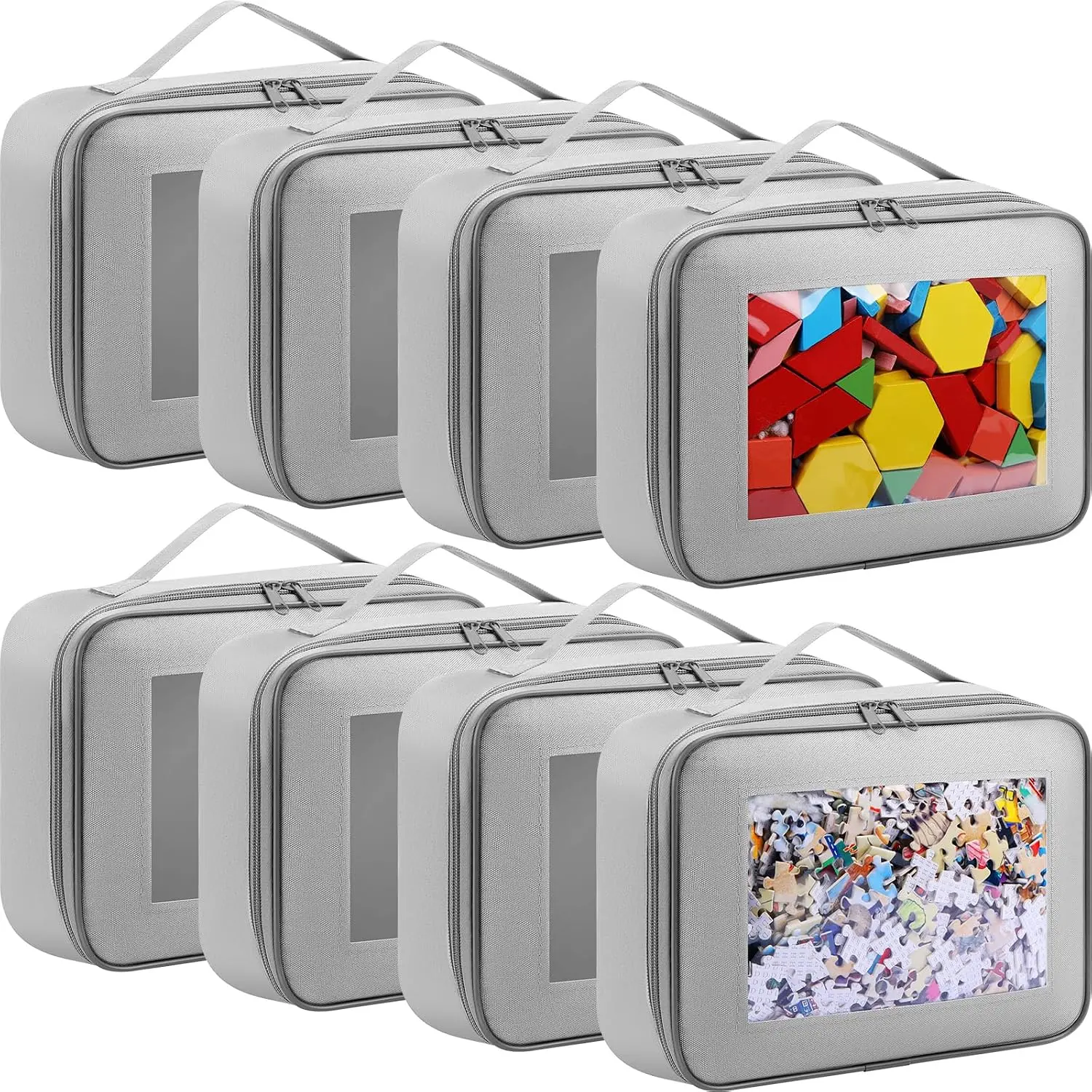 8 Pack  Storage Organization Bags with Clear PVC Window, Gray | Handle Carry Design, Organizer Bag Fits Classic Bricks Building Blocks Puzzles,  Toys Traveling Storage for Board