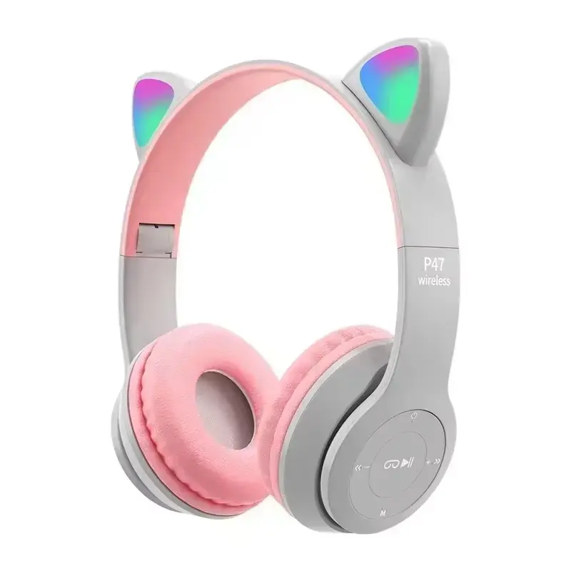 Cute Cat Ears Bluetooth 5.0 Stereo Headphone with Flash Lamp, Mic, TF Card Support - Rechargeable, Adjustable, Foldable Wireless Audio MP3 Hifi Earbuds for Kids Girls, Birthday Gift