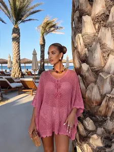 Elegant Women's Spring Summer Fashion Casual Home Weekend Holiday Beach Vacation Basic Simple Loose Solid Color Knit Hollow Out Floral Drop Shoulder Sleeve Half Sleeve V Neck Pullover T-Shirt Top Knitwear