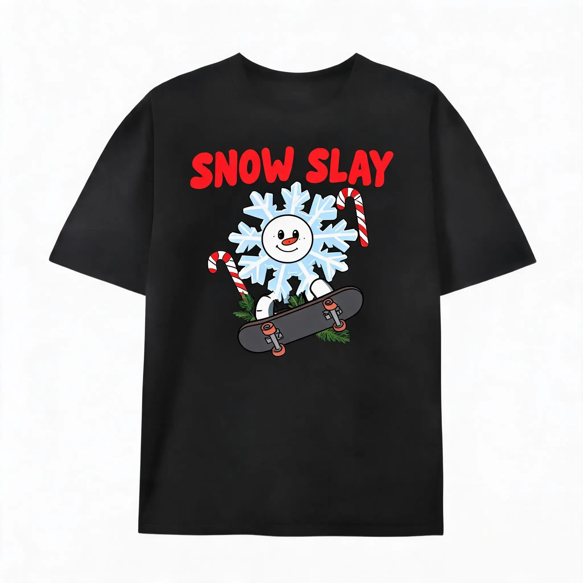 Women's Graphic Tees - Funny "Snow Slay" Cotton Holiday Print Tee, Cute Snowflake Man on Skateboard with Candy Cane, Casual Xmas Winter Outfit, Ideal Gift for Skaters, Novelty Black Top, Graphic Tees Women