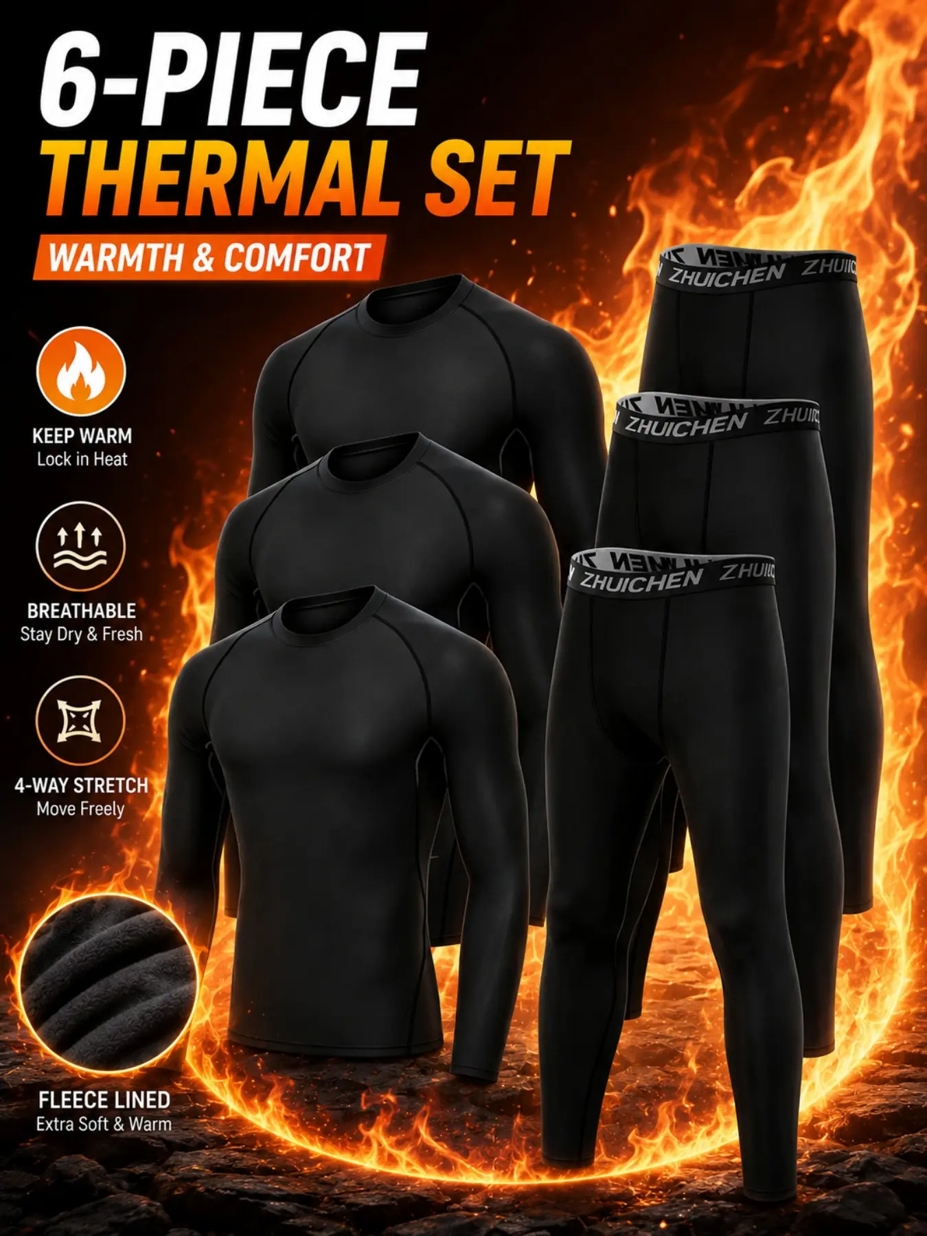 Men's 6-Piece Thermal Fleece Underwear Set, Long Sleeve Compression Shirts & Pants, Cold Weather Base Layer for Skiing, Running, Winter Activities