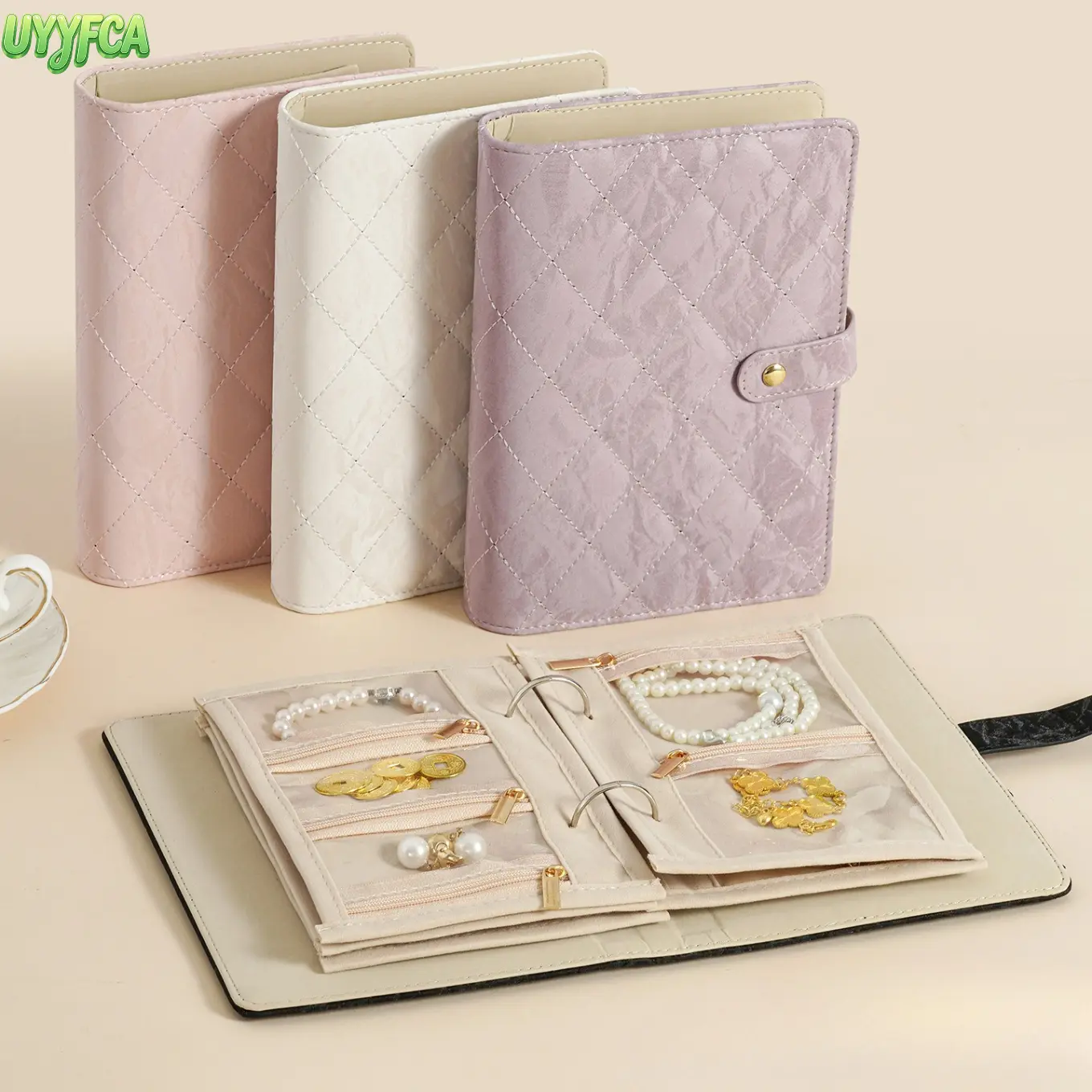 Portable Quilted PU Leather Jewelry Organizer Book with Ring-Bound Pages, Clear Zippered Velvet Pouches, Snap Closure, Lightweight Compact Design,Travel Storage Case Ideal for Travel, Daily Home Storage and Organizing Necklaces, Earrings,Summervibes