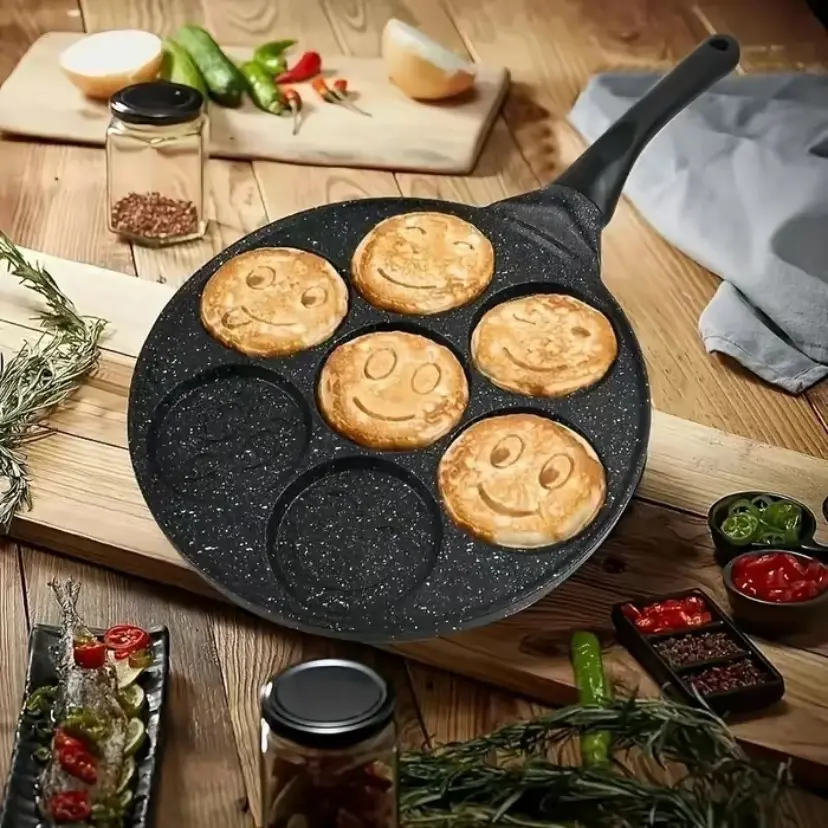 7-hole Non-stick Pancake Pan Egg Frying Pan Mini Detachable Handle Pancake Skillet Non-stick Aluminum Material 7 Unique Smiley Face Designs Easy to Clean Perfect for Kids' Breakfast Smiley Face Egg Pan with Cool-touch Handle Cookware