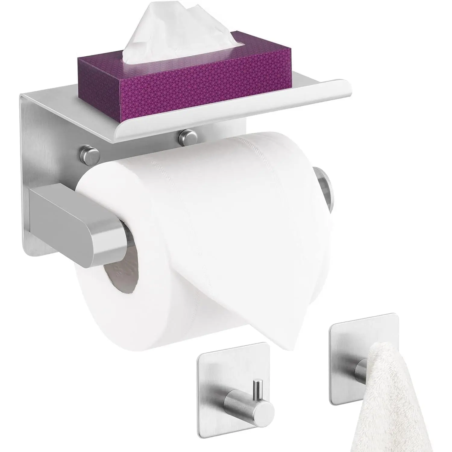 Brushed Toilet Paper Holder with Shelf for Extra Storage, 2-in-1 Wall Mounted Bathroom Tissue Stand for Cell Phone
