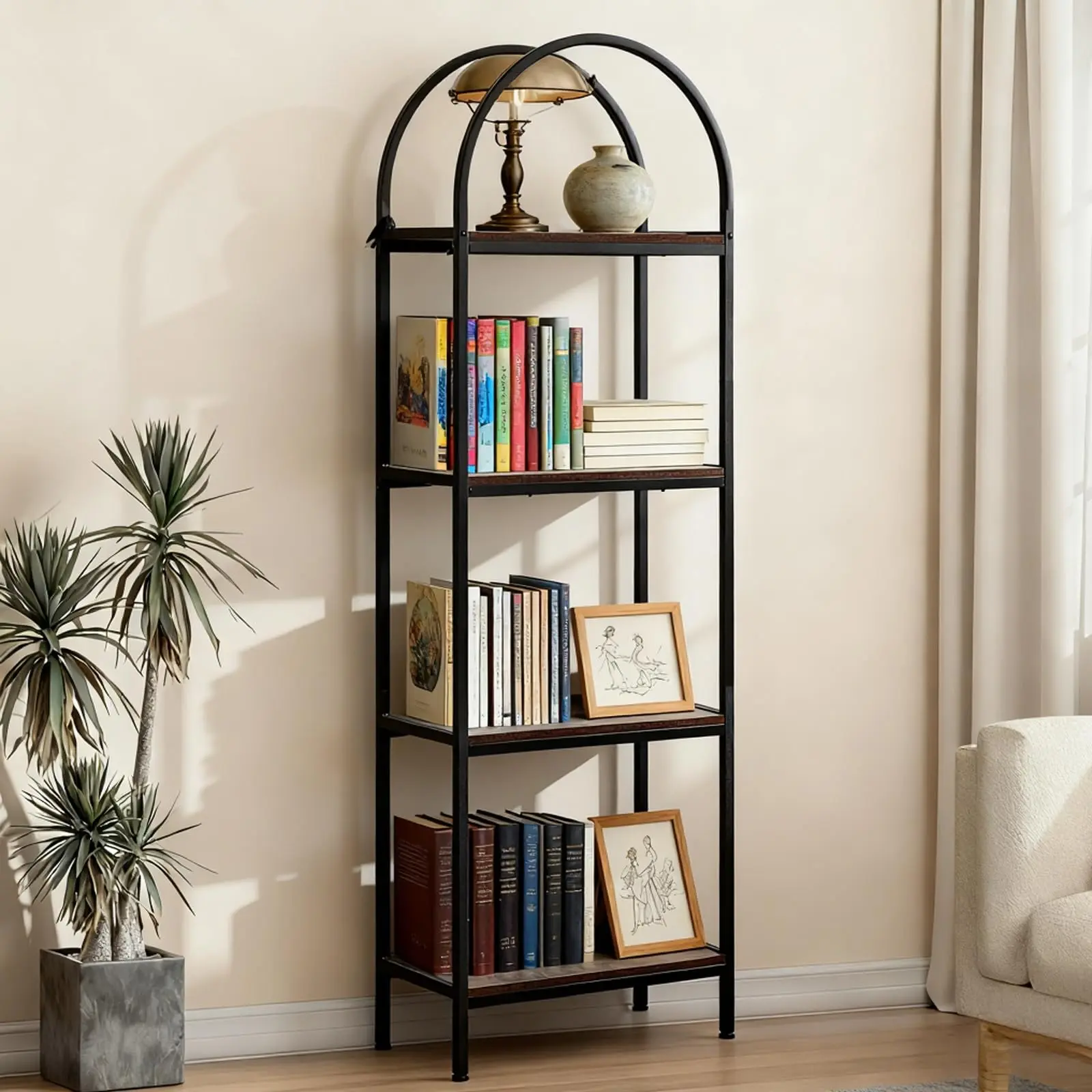 4-Tier Tall Narrow Office Bookcase - 180x28cm Metal+Wood Arched Shape Single Unit, Durable Freestanding Open Display Shelf, Tool-Free Slim Space-Saving Home Office Furniture Organizer