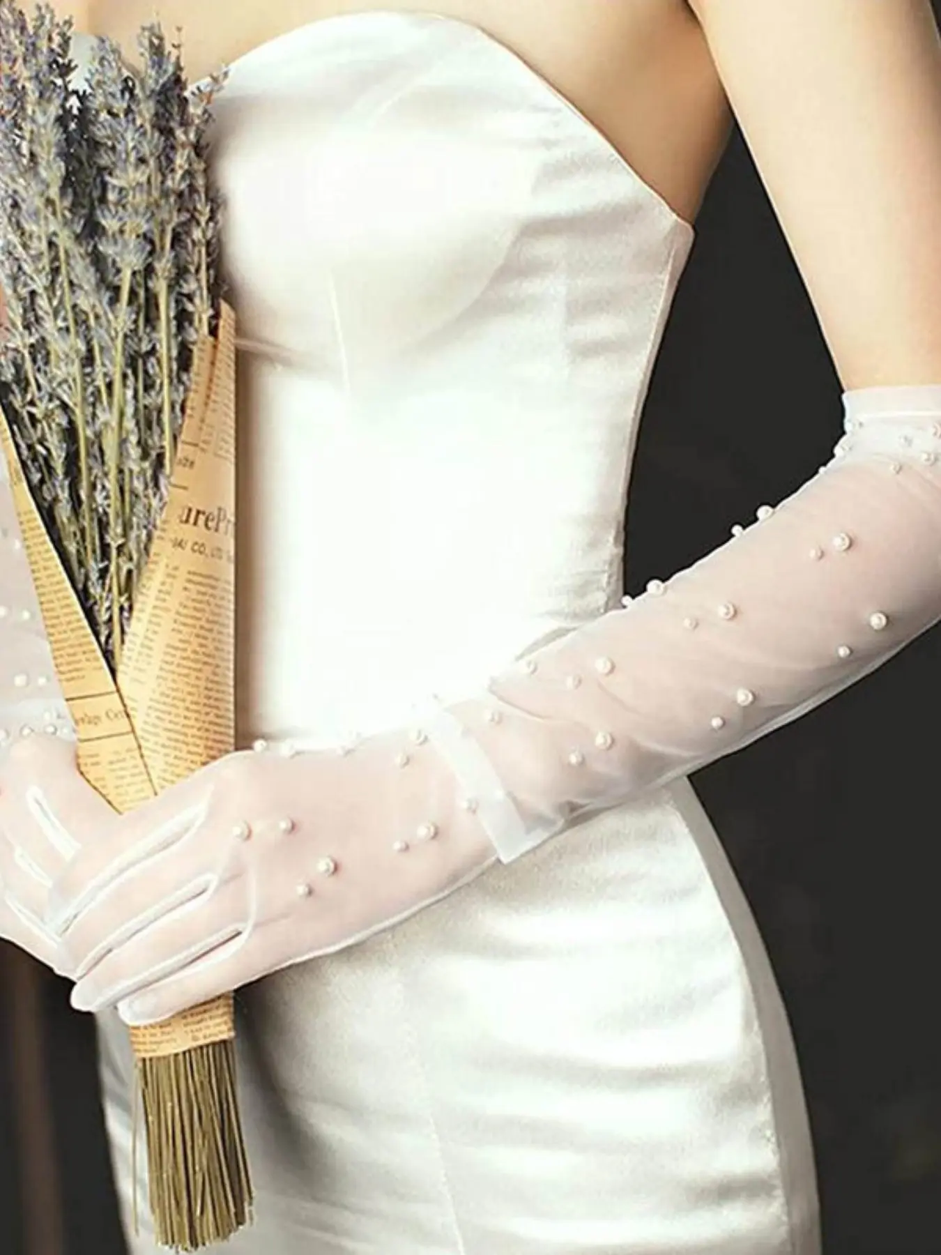 Bridal Gloves for Wedding Dress, Formal Long Pearl Net Gloves, Luxurious Lace with Rhinestones, Elegant Bridal Accessories