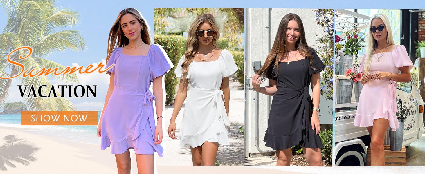 OFEEFAN Womens Summer Dresses Square Neck Puff Sleeve Tie Waist Short Dress SpringStatements OFEEFAN Womens Summer Dresses Square Neck Puff Sleeve Tie Waist Short Dress SpringStatements