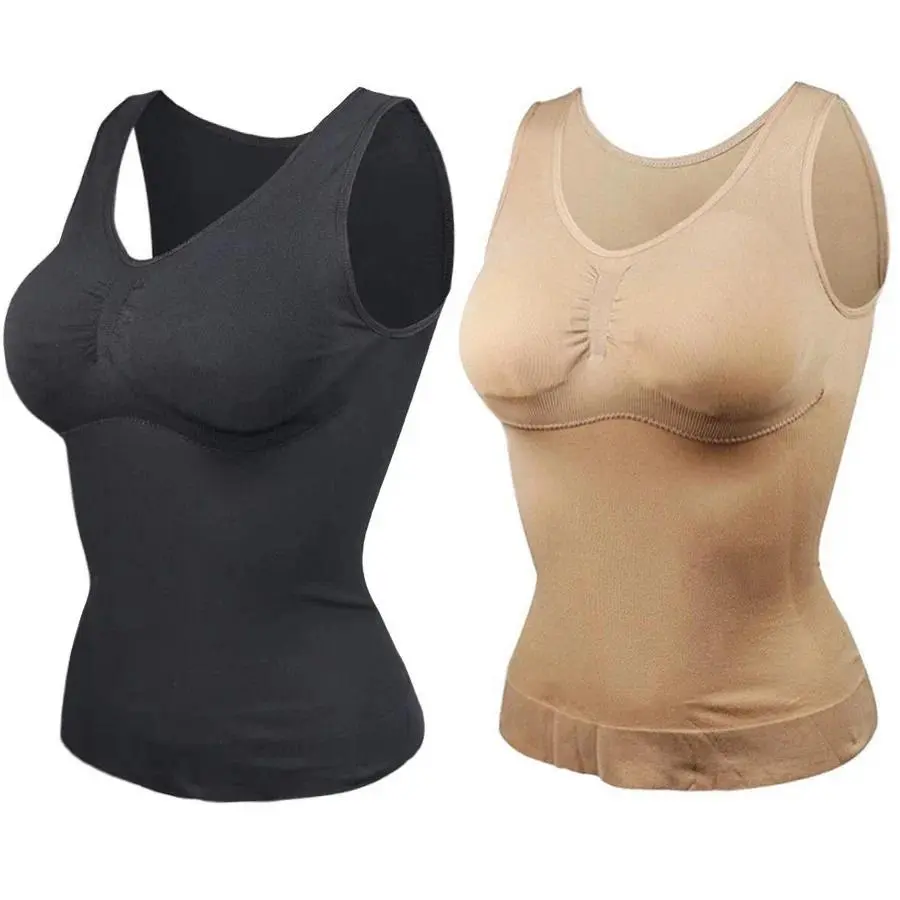 Women's Tummy Control Shapewear Vest - 2-IN-1 High Elastic Cami Tank Top with Padded Bra, Slimming Lift Corset, Women's Clothes, Short Sleeve, V-Neck, Mid Length, Multi-Size, Body Shaper, Polyester Fiber