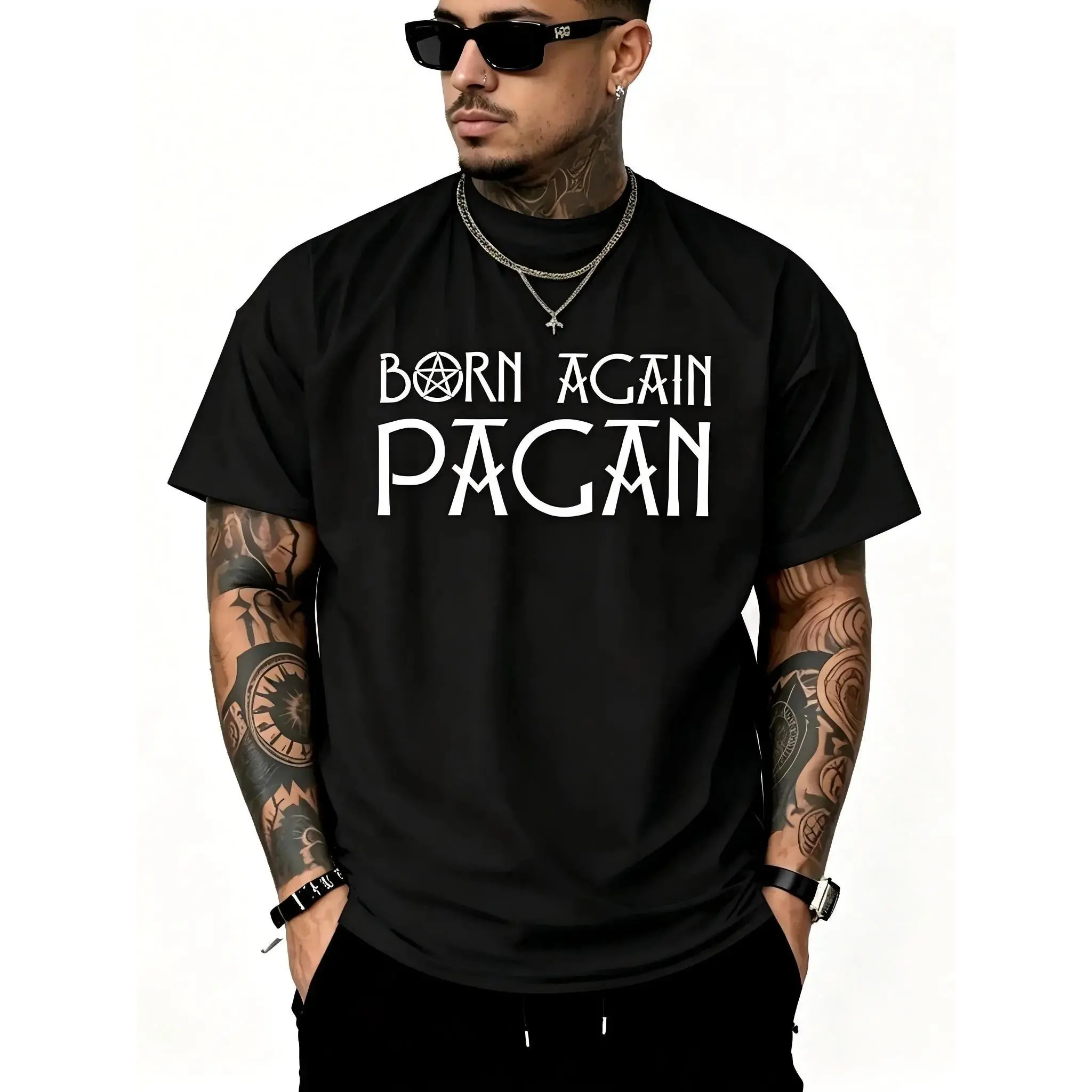 "Born Again Pagan" Occult Pagan Casual Tee for Men - Soft Cotton All-Season Multi-Size Shirt, Pentagram Minimal Print, Breathable Moisture-Wicking Crew Neck, Loose Comfort Fit, Machine Washable for Everyday Wear, Loose Fit, Moisture Wicking Shirts