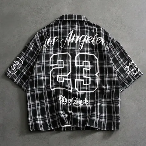 American retro Los Angeles style, men's 23 printed Checked plaid shirt, high street loose Casual black and white plaid short-sleeved shirt Casual streetwear fashion