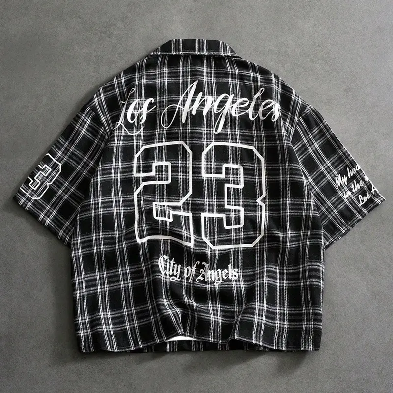 American retro Los Angeles style, men's 23 printed Checked plaid shirt, high street loose Casual black and white plaid short-sleeved shirt Casual streetwear fashion