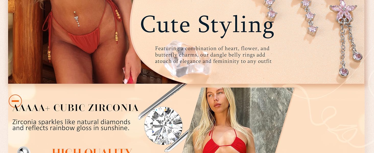 2025 Trendy Summmer Hypoallergenic 14G Dangle Belly Button Piercing Rings  Cute CZ Flower/Butterfly/Heart Designs Surgical Steel Navel Jewelry for Women