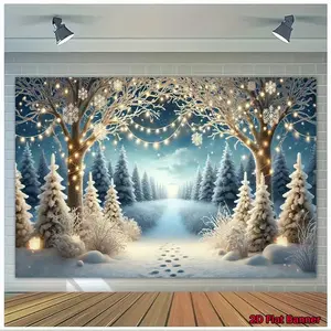 Winter Wonderland Snow Scene Backdrop with Lights, Dreamy Holiday Wall Tapestry for Living Room Dorm Decor, Studio Photography Background