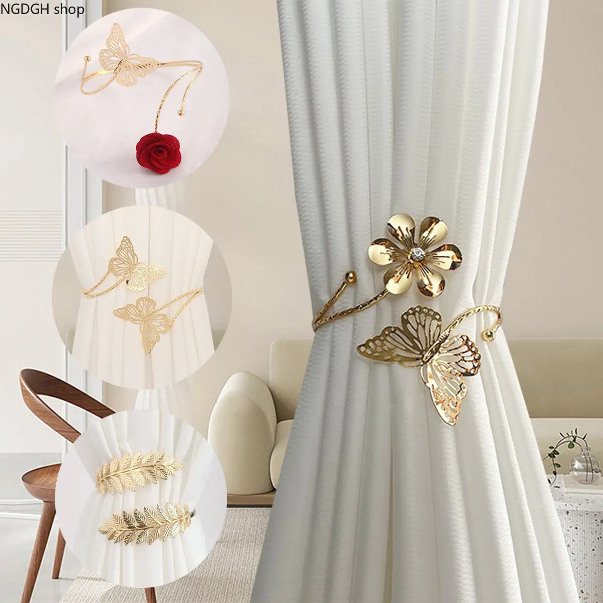 Butterfly Tiebacks Set - 2-Piece Golden Metal Holder, Elegant Look 2-Butterfly Window Decor for Bedroom, Living Room Drapery, Two Butterflies Golden