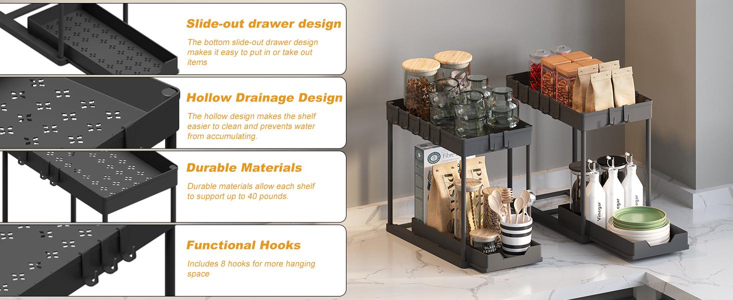 Under Sink Organizer – Bathroom Cabinet Storage with Pull Out Sliding Drawers – 12.8 Inch Shelf for Kitchen, Bathroom, Laundry Room & Cleaning Supplies Organization