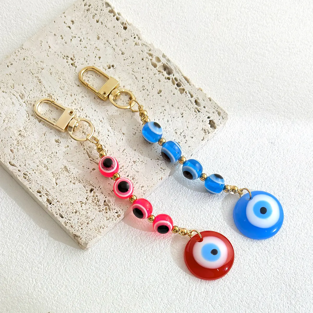 Unisex Evil Eye Keychain with Blue-Red Turkish Eye Beads, PU Leather Charm, Long Chain Link Protection Amulet – Daily Wear All-Seasons Hanging Pendant for Purse, Car Rearview Mirror, Couples Jewelry Gift