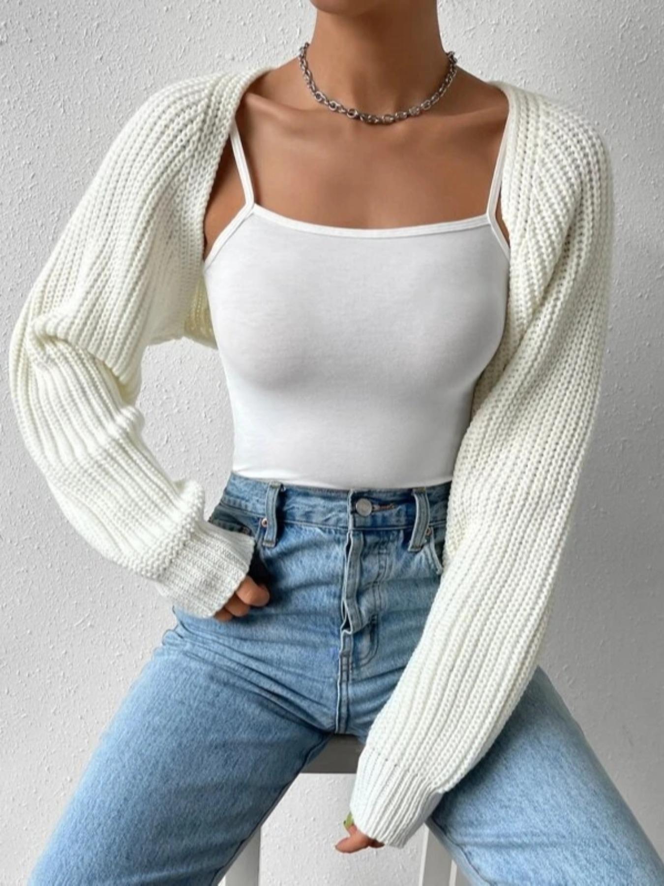 Women's Solid Raglan Sleeve Open Front Crop Shrug Cardigan, Casual Long Sleeve Knitwear for Spring & Fall, Fashion Women's Knit Clothing for Daily Wear Womenswear