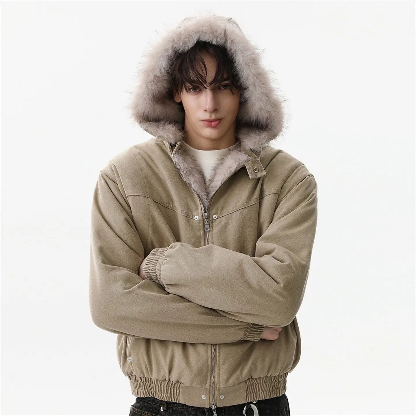 Inflation Washed Cotton Bomber Jacket Faux Fur Trim Hood Oversized Frayed Seam Utility Pocket Zip Front Streetwear Outerwear 2026 Winter