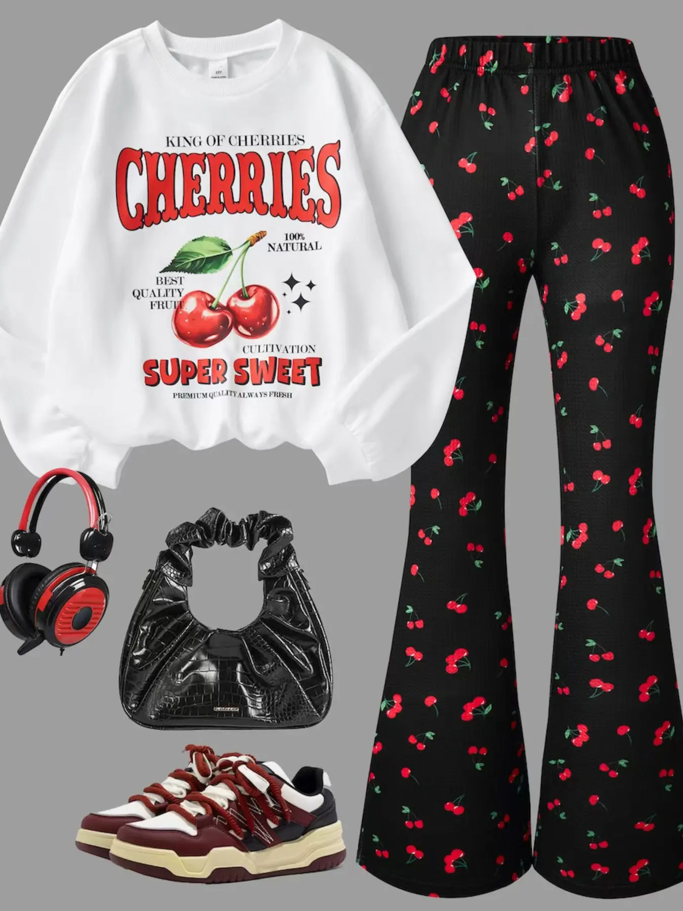 Girls 2-Piece Cherry Print Outfit Set, "CHERRIES" Letter Print Crewneck Sweatshirt + High Waist Cherry Pattern Flare Pants, Casual Streetwear Outfit for Teen Girls