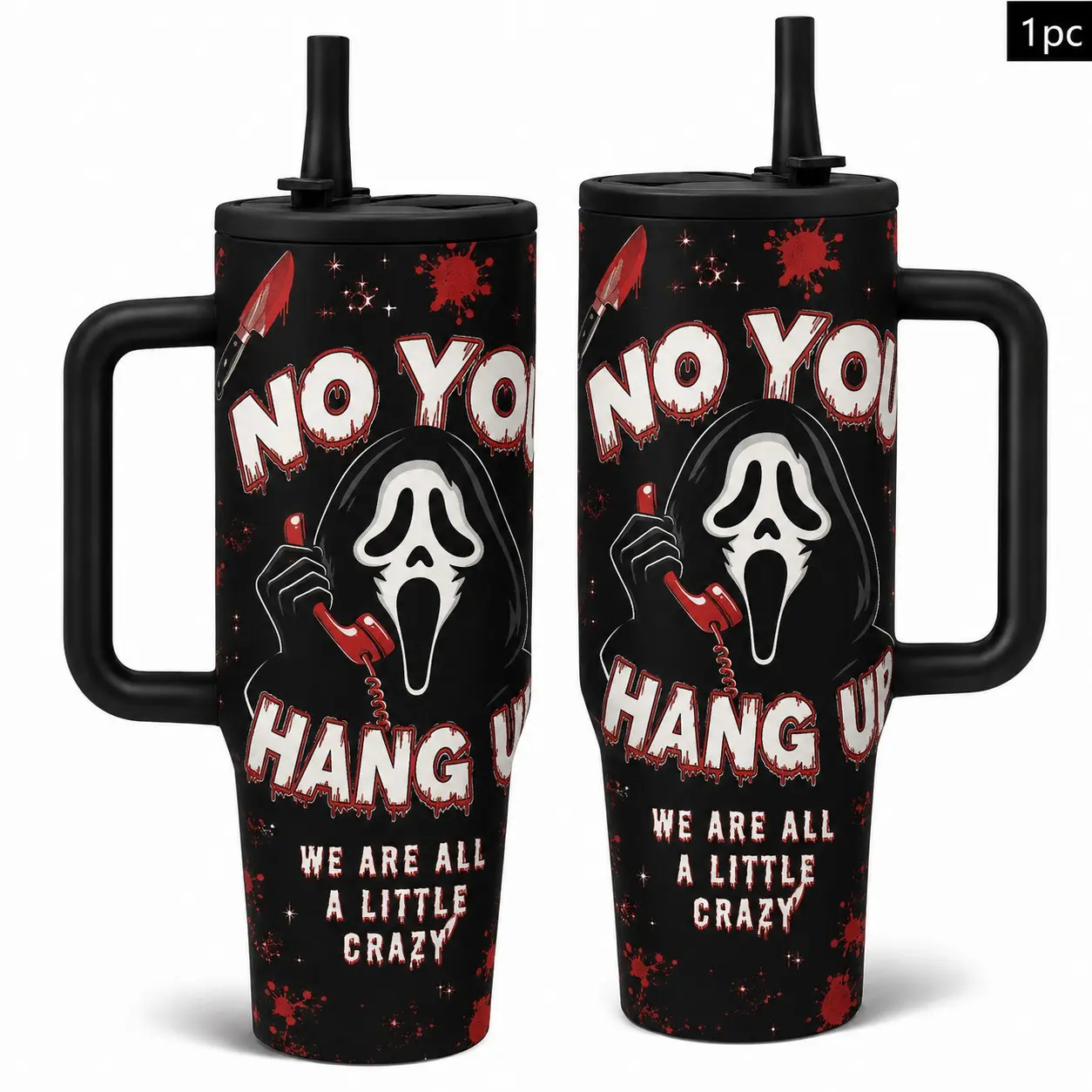 1pc 40oz/30oz Red Black Screaming Horror Mask Bloody Hand Knife Spider Web Insulated Drink Tumbler with Portable Handle & Leak-Proof Lid, Double Wall Vacuum Travel Mug, Large Capacity Cup for Men Women, Halloween Birthday Gift, Insulated Drinkware