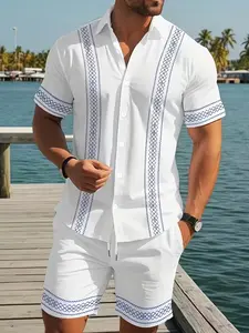 Men's 3D Fashion Summer Geometric Print Shirt Set, Comfortable Short Sleeve Polyester Shirt with Pockets, Casual Loose Fit T-Shirt, Ideal for Spring and Summer