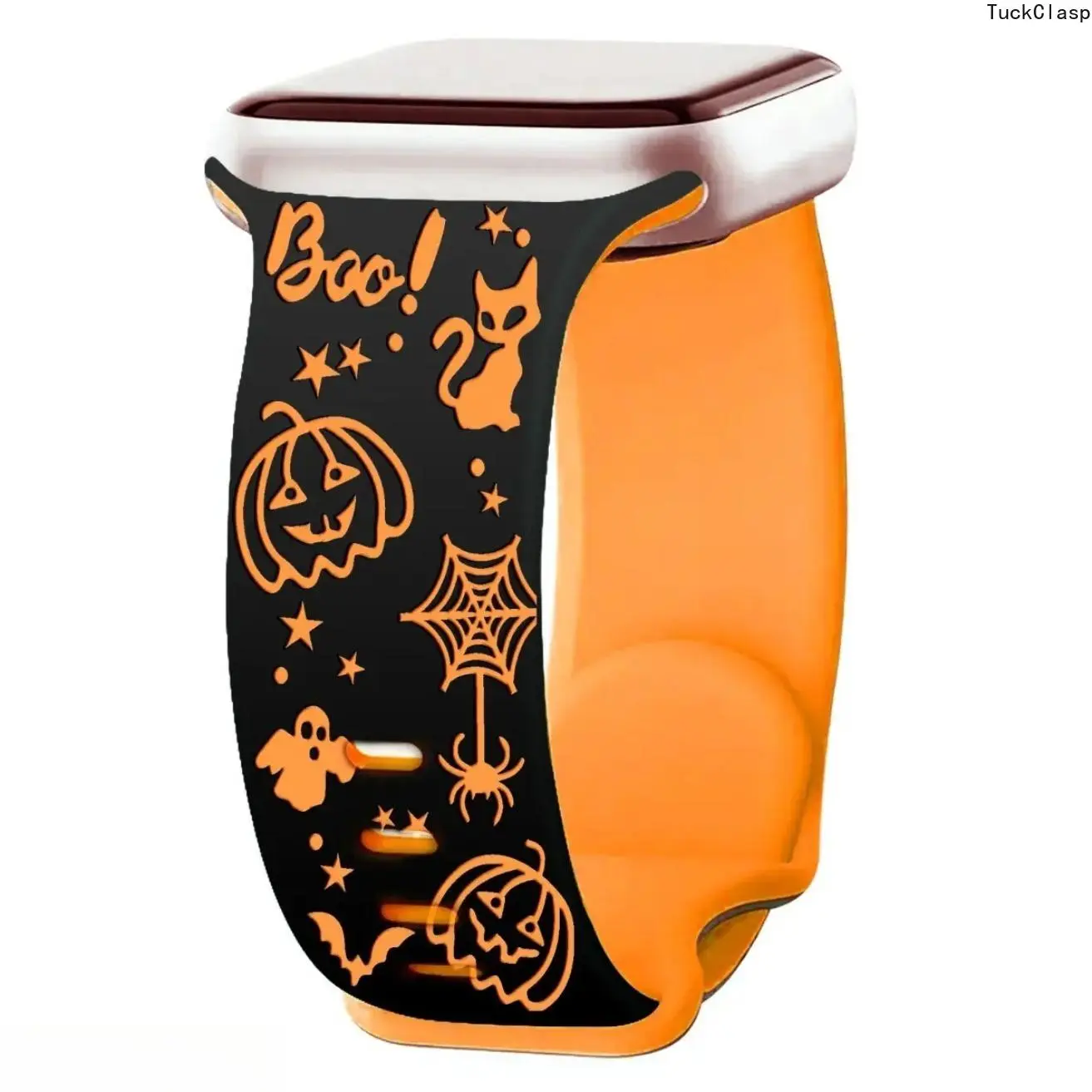 Halloween Ghost Engraved Silicone Watch Band Compatible with Apple Watch, Butterfly Buckle Wrist Strap Compatible with Apple Watch Series 8, Unique Festival Accessory for Holiday Party & Daily Casual Wear (Strap Only)