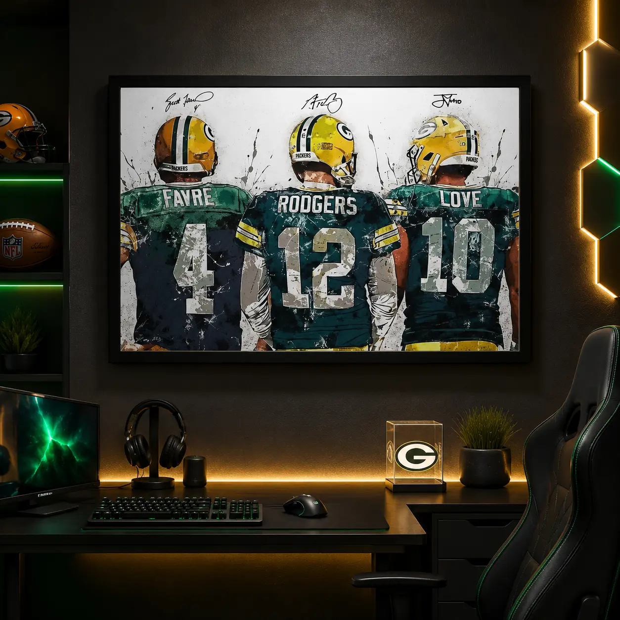 Green Bay Football Legends Canvas Wall Art - Jordan Love, Aaron Rodgers, Brett Favre Graphic Print, 1-Piece Wood Frame Vintage Decor, Multi-Size Pouch Pack for Game Room, Football Fan Gift, One-Piece