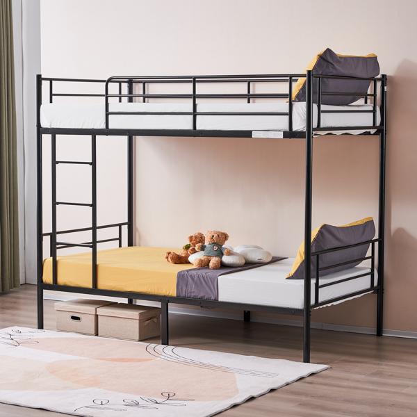 Iron Bed Bunk Bed with Ladder for All Ages Twin Size Black Bedroom Bedframe with 33.5cm Fence & 26.5cm Storage Space Modern Design