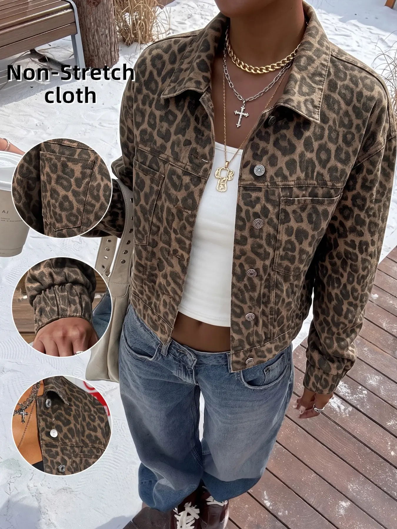 Vintage Leopard Print Non-Stretch Cropped Denim Jacket, Young Girls Oversized Y2K Hip Hop Urban Street Trucker Coat