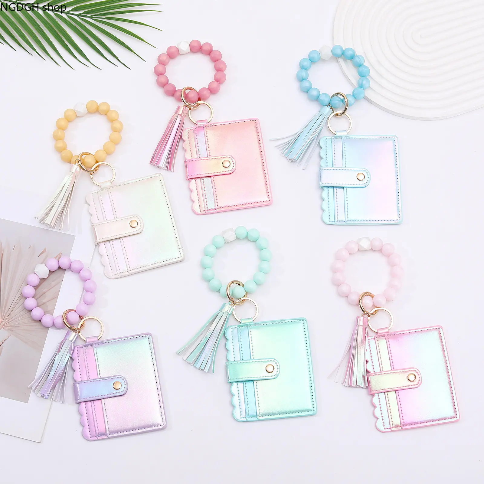 CuteIridescentMiniCardWalletKeychain,MatteBeadWristBandwithTassel,ScallopedTrimSnapCardCase,MulticolorPastelOption,CompactSizeforIDCardsKeys,SweetGiftforTeenGirlsDailyUse