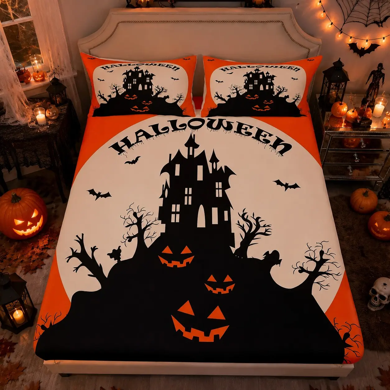 Halloween Pumpkin Bat Shadow Print Bed Sheet Set, Classic Festival Microfiber Bedding, 2 Pillowcases, Teen Dorm Room Decor