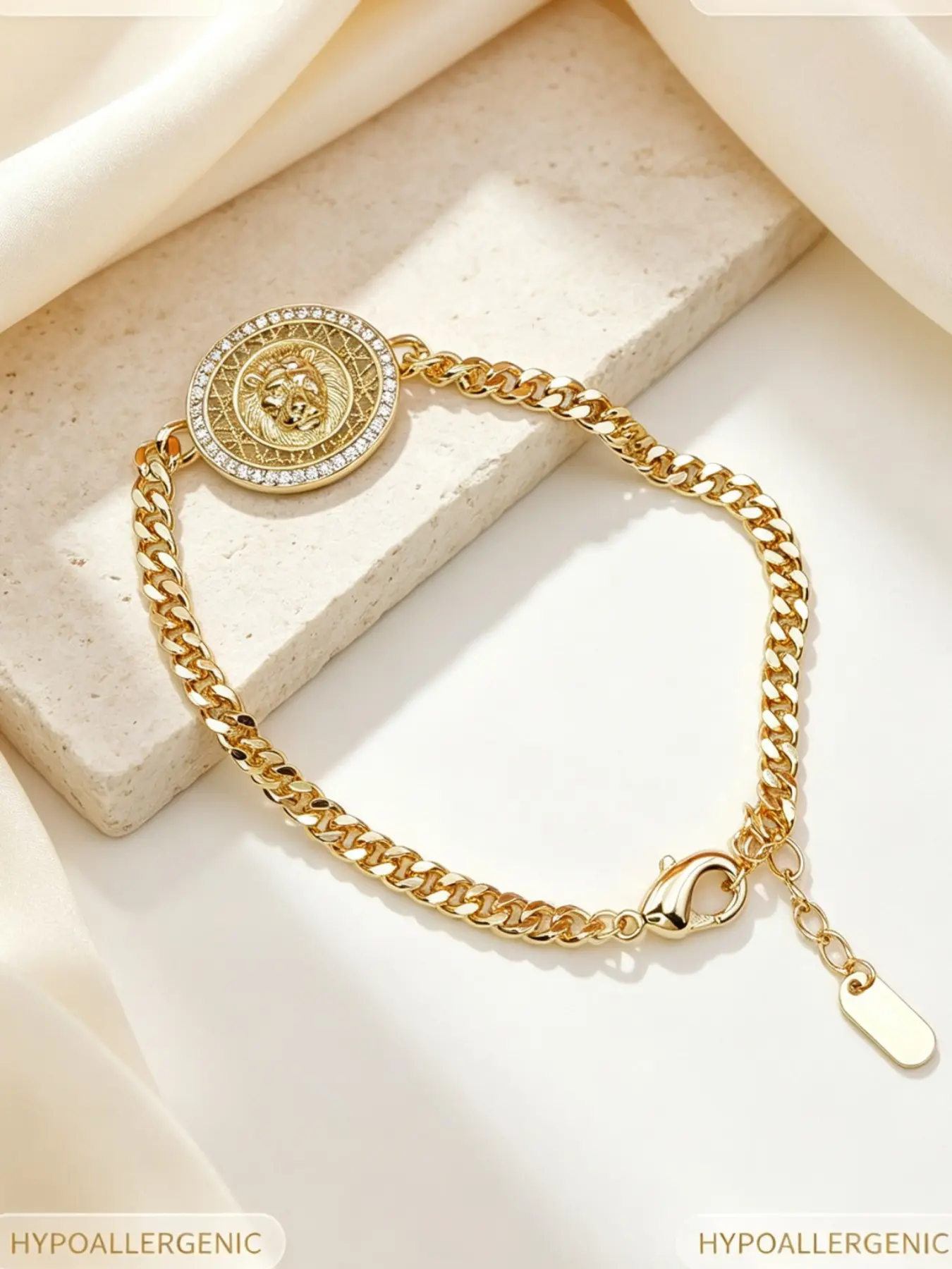 Premium Gold Plating Craft Lion Head CZ Paved Medallion Cuban Link Bracelet, Hypoallergenic Fade & Tarnish Resistant Adjustable Extender Chain, Versatile Daily Commute Casual All-Match Stackable Statement Jewelry Gift for Women Men Birthday Holiday