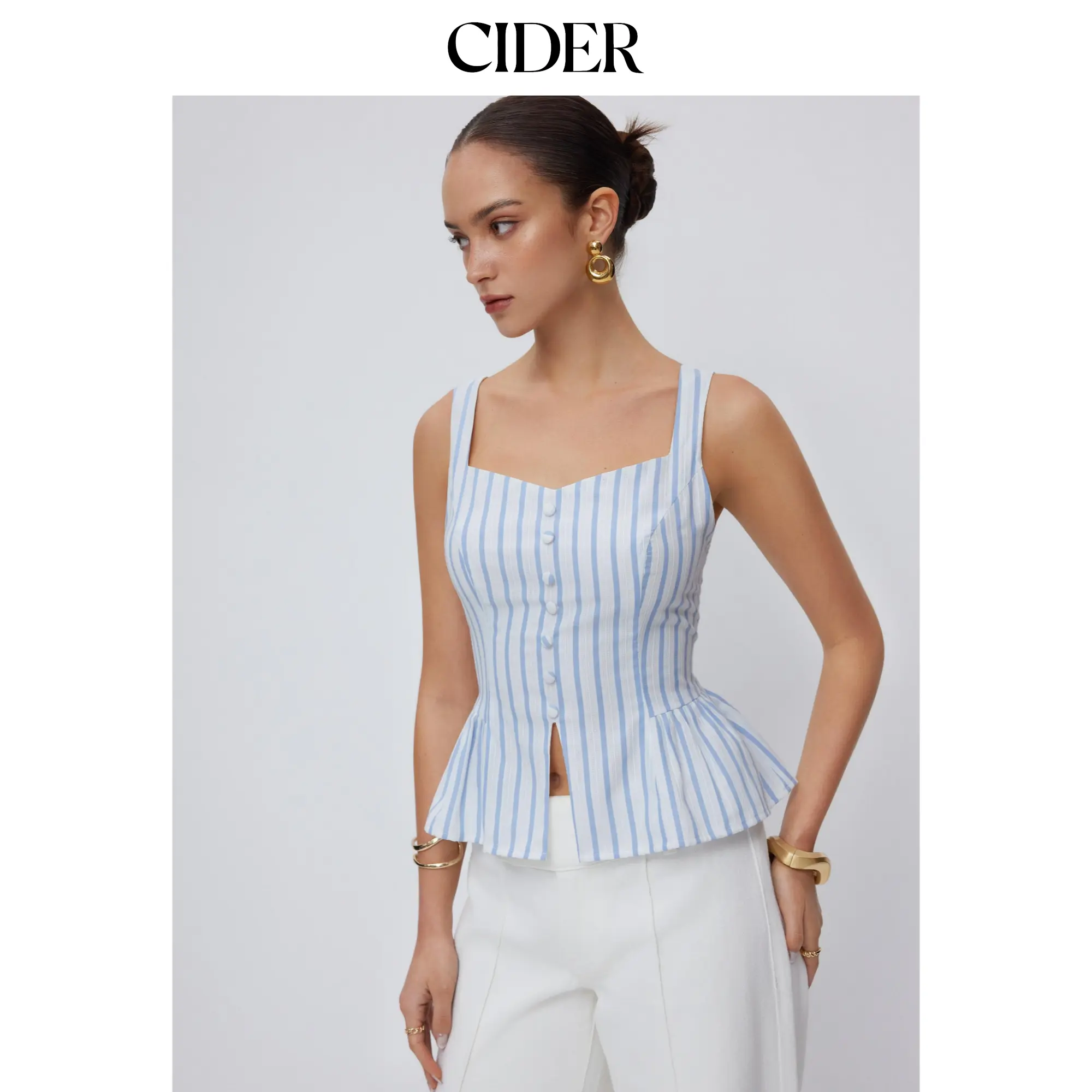 Cider Cotton-blend Stripe V-neck Peplum Tank Blouse