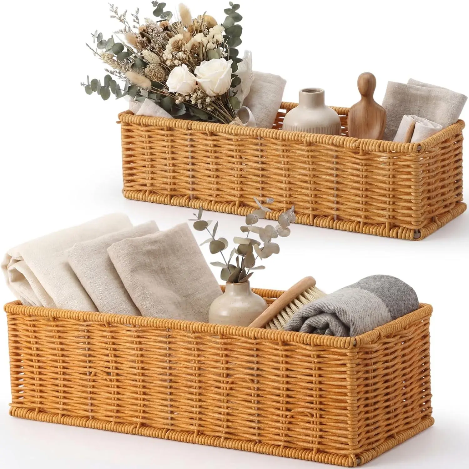 2 Pack Wicker Toilet Tank Baskets, 2 Sizes Handwoven Rattan Bathroom Storage Baskets with Metal Frame, Rustic Farmhouse Decorative Organizer Holders Bins for Tissues Vanity Shelves Supply
