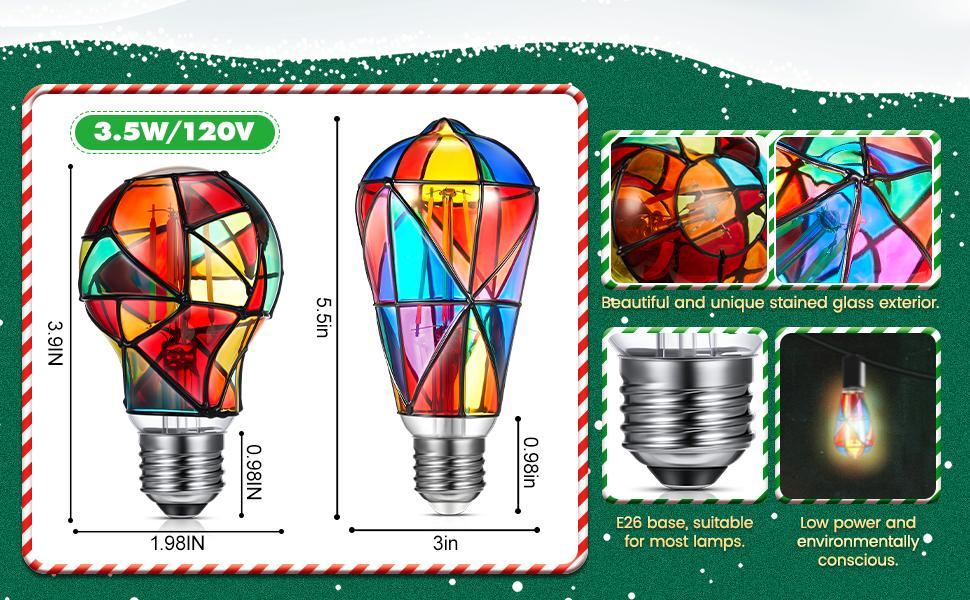 PLL 2 Pcs Stained Glass LED Light Bulb E26 Base Colorful Lightbulb 120V Flickering Lightbulb Bulbs for Christmas Xmas Home Balcony Party Decoration (A60)
