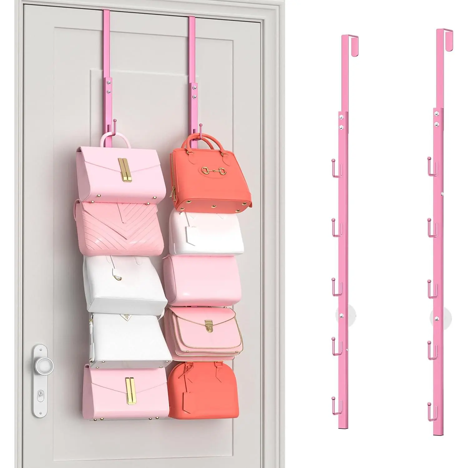 Over the Door Purse Organizer - 2 Packs Wall Mounted Purse Rack with 5 Hooks Design,  Handbag Organizer Storage Holds up to 10 Bags, Bag Rack for Closet, Door ()
