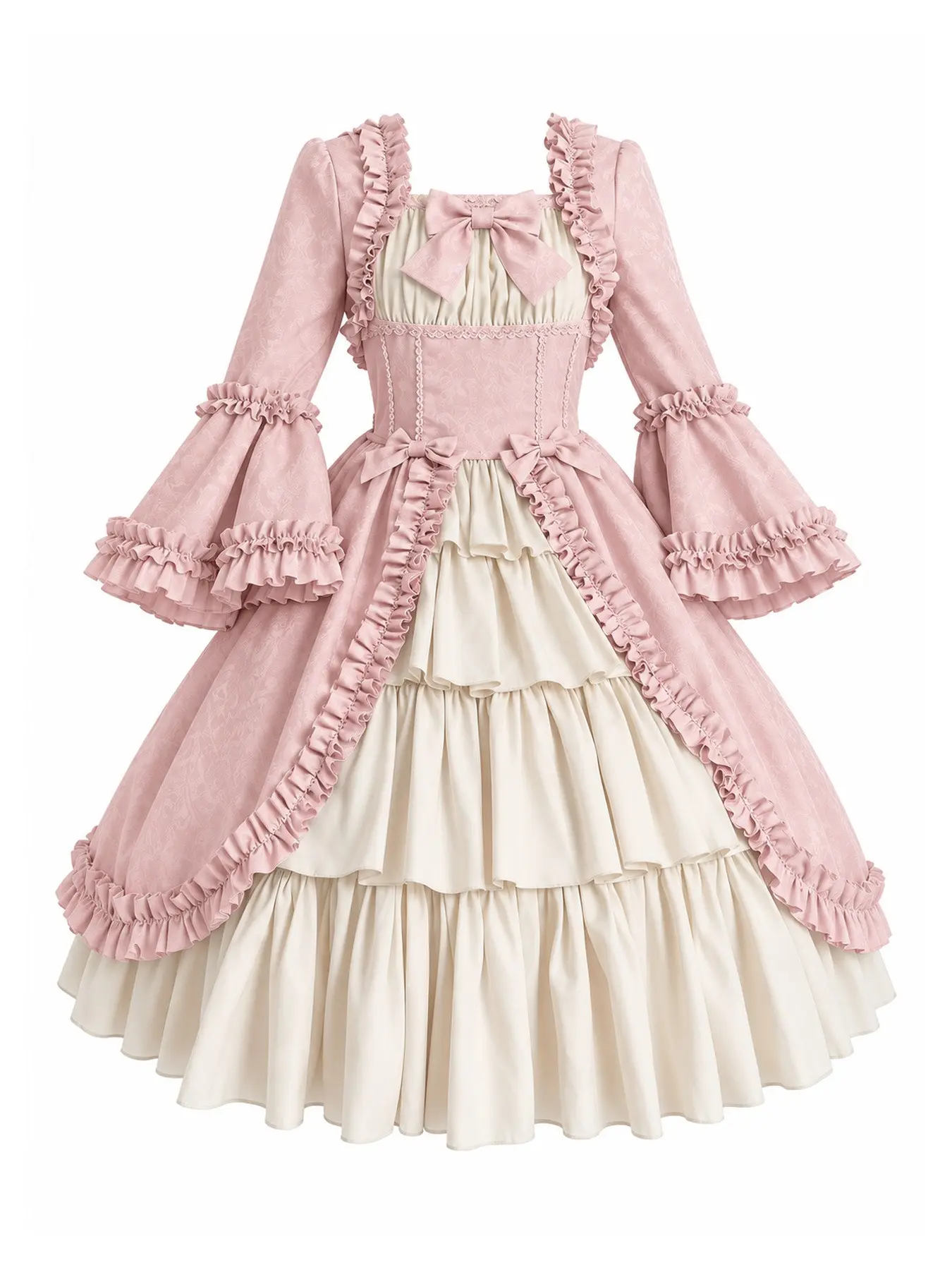 Classical Lolita Court Dress, Embroidered Fabric, Ruffled Hem, Bow Decoration, Layered A-Line Skirt, Birthday Photo Theme Party Dress