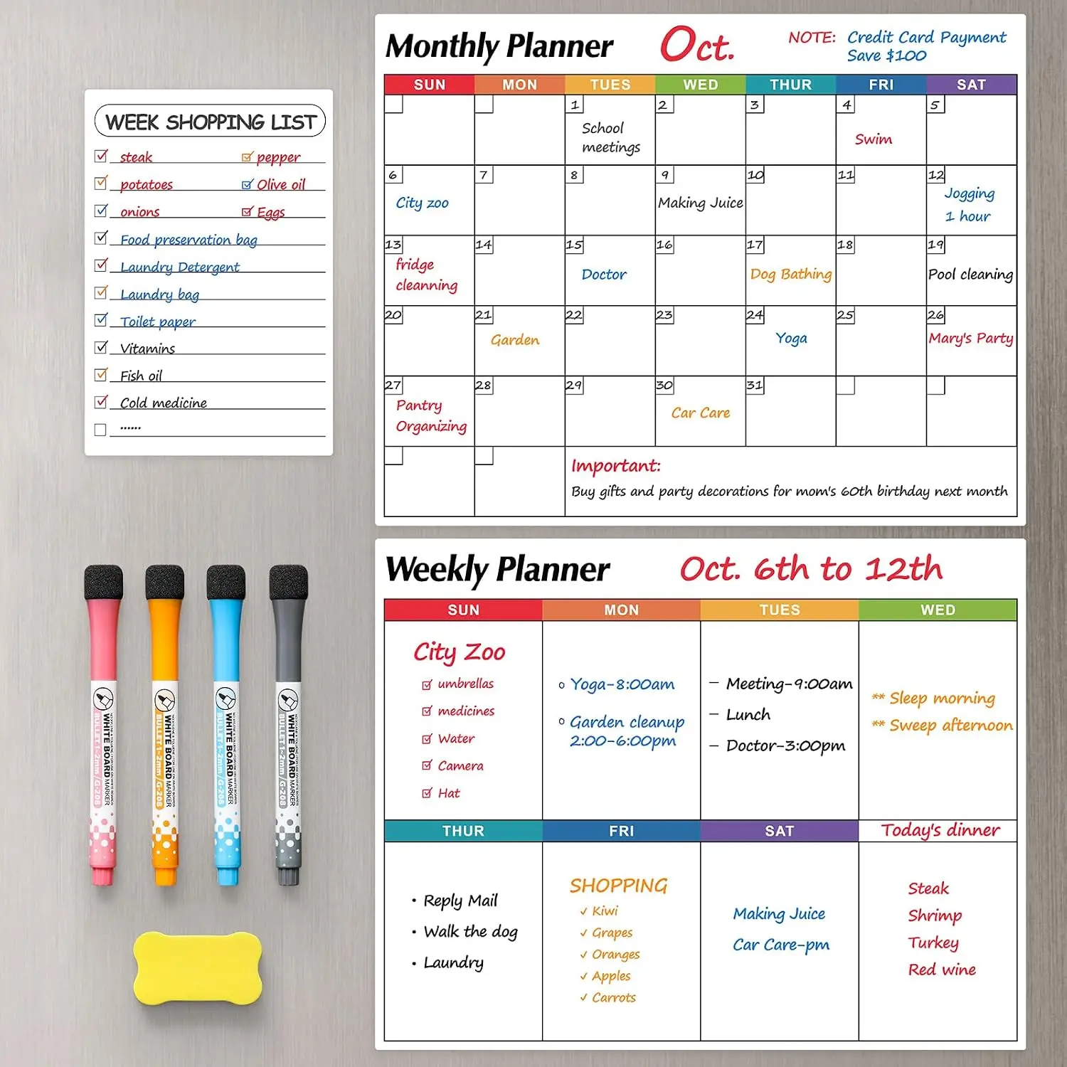 Dry Erase  Calendar for Refrigerator, 3 Pack- Monthly & Weekly & Daily Planner  Whiteboard for Fridge Wall Door - Shopping, Meal/Menu, , Family Schedule Planning Board, 14"x11"