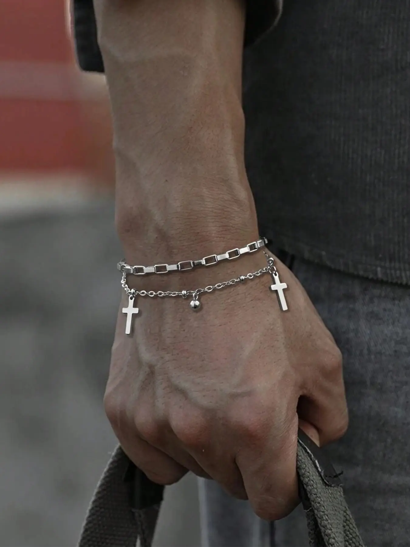 1pc Double Layer Cross Pendant Bracelet, Simple Trendy Bead Bracelet, Hip Hop Style Chain Bracelet, Perfect for Daily Wear, Street Dance Accessories