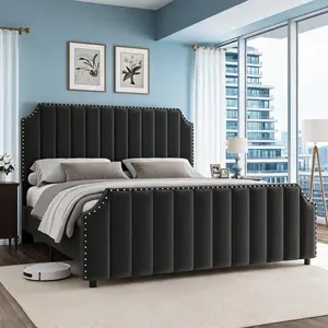 Queen/King/ Size Platform Bed Frame, Velvet Upholstered Bed with Vertical Channel Tufted 50.2" Tall Headboard & Footboard, Nailhead Trim, No Box Spring Needed