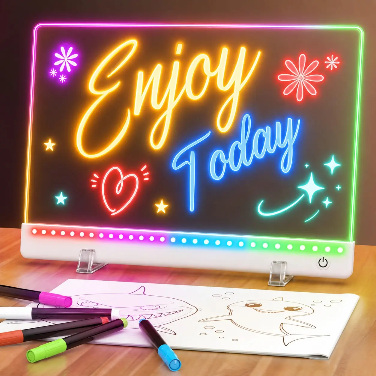 LED Note Board with 7 Colour Light Modes, Neon Glow Art Dry-Erase Light-Up Drawing Pad with Stand for Children, Sketching Gift Toy for Teenagers, 7 Markers