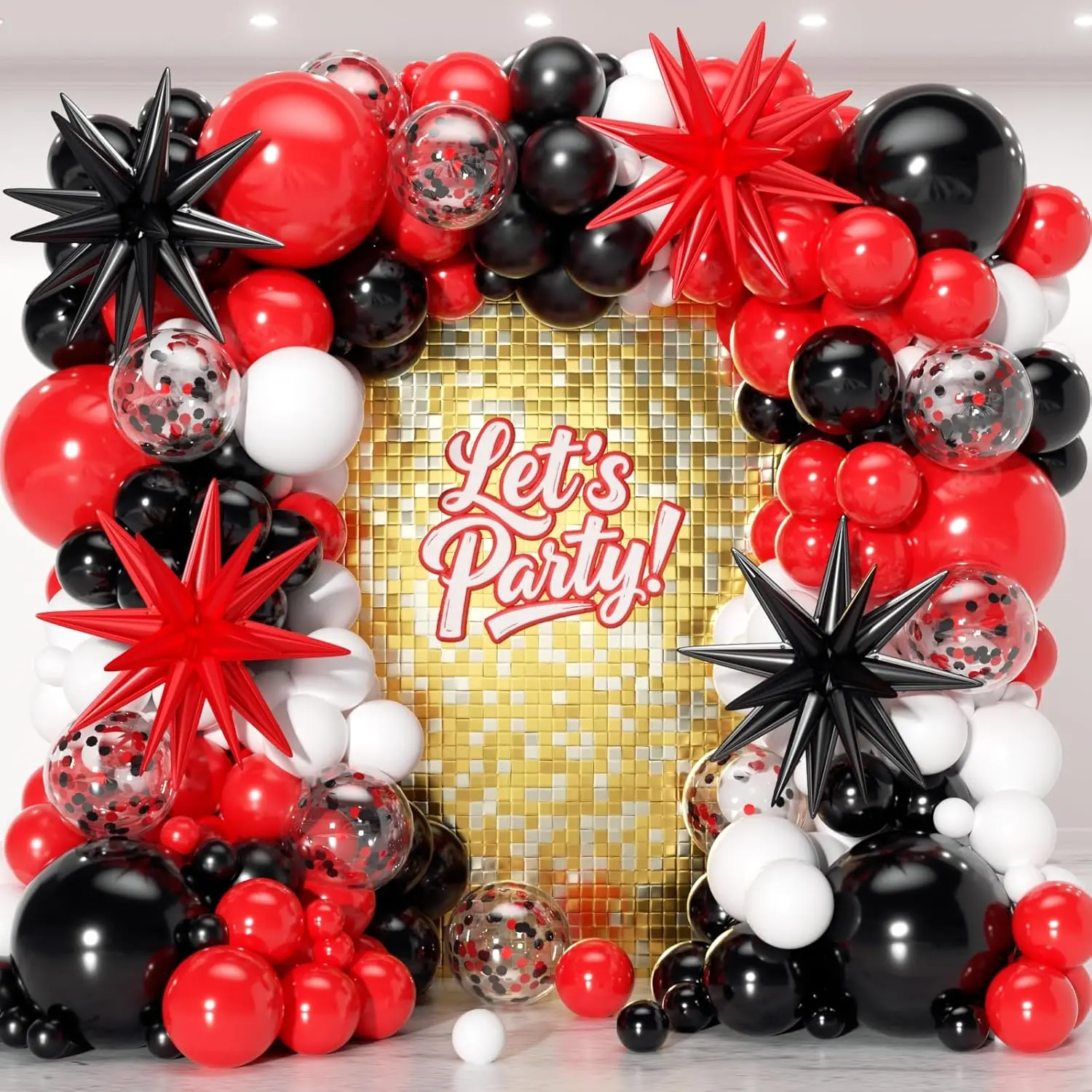 153pcs Round Biodegradable Red-Black-White Latex Balloon Arch Garland Kit - 22/18/12/10/5in Sizes with Stars for Birthday Racing Car Decor | Festive Balloon Decor Supplies, Rubberz