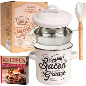 Bacon Grease Container with Strainer - 46OZ Large Capacity, With Silicone Wooden Spatula, Enamel Bacon Grease Keeper for Bacon Drippings, Farmhouse Kitchen Decor, Dishwasher Safe