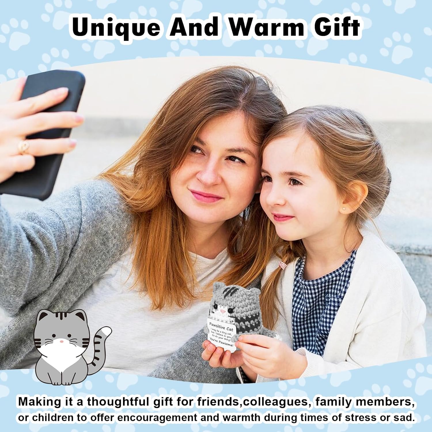 Positive Crochet Cat Mini Animal Emotional Cheer Up Support Gifts, Funny Crochet Mini Handmade Cat for Women Men Friends Mom Daughter Son Teen Birthday Mothers Day Decor Graduation Gifts