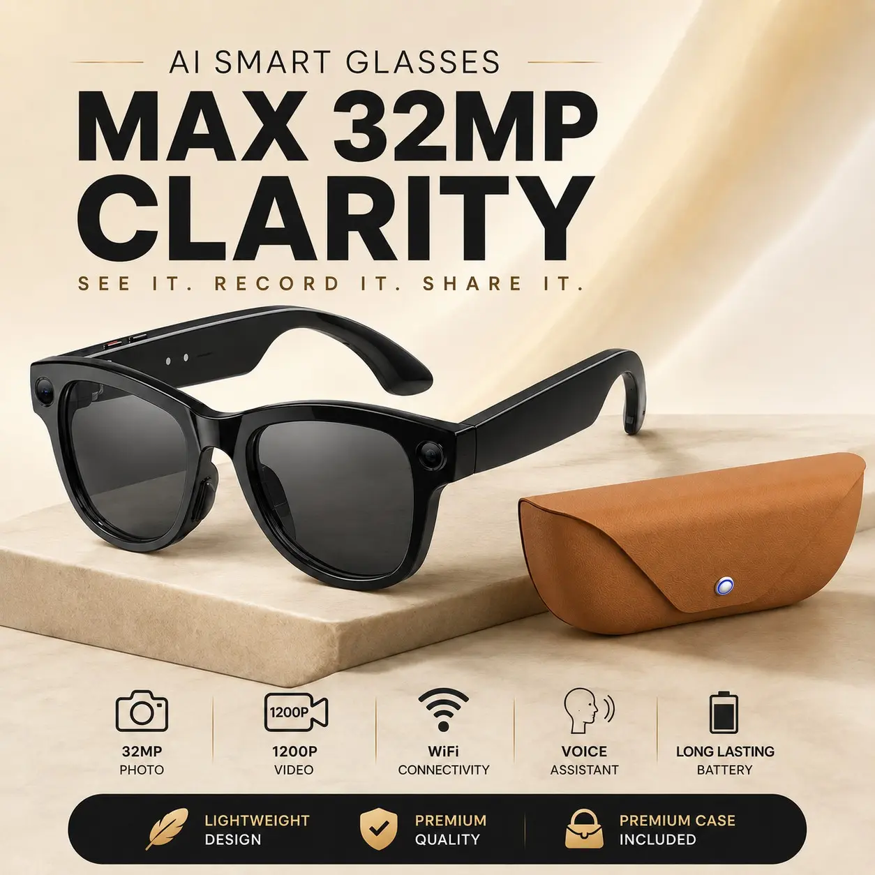 Travel Vlog First-Person Recording Glasses 2026 Multi-Scenario Smart Wearable Eyewear, 1200P Smooth EIS Stabilized HD Video Sunglasses, 32MP Ultra Clear Quick Capture Camera, Qwen ChatGPT AI Voice Wake-Up Language Translator, Bluetooth 3D Stereo Touch Con